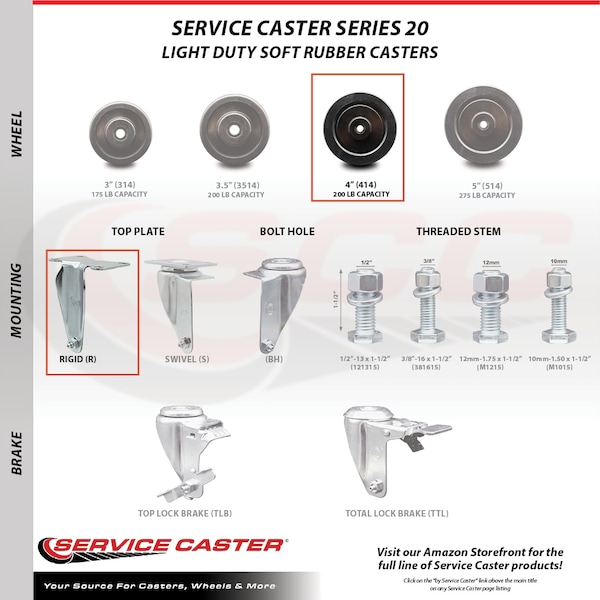 4 Inch Soft Rubber Swivel Top Plate Caster Set With 2 Brakes 2 Rigid SCC